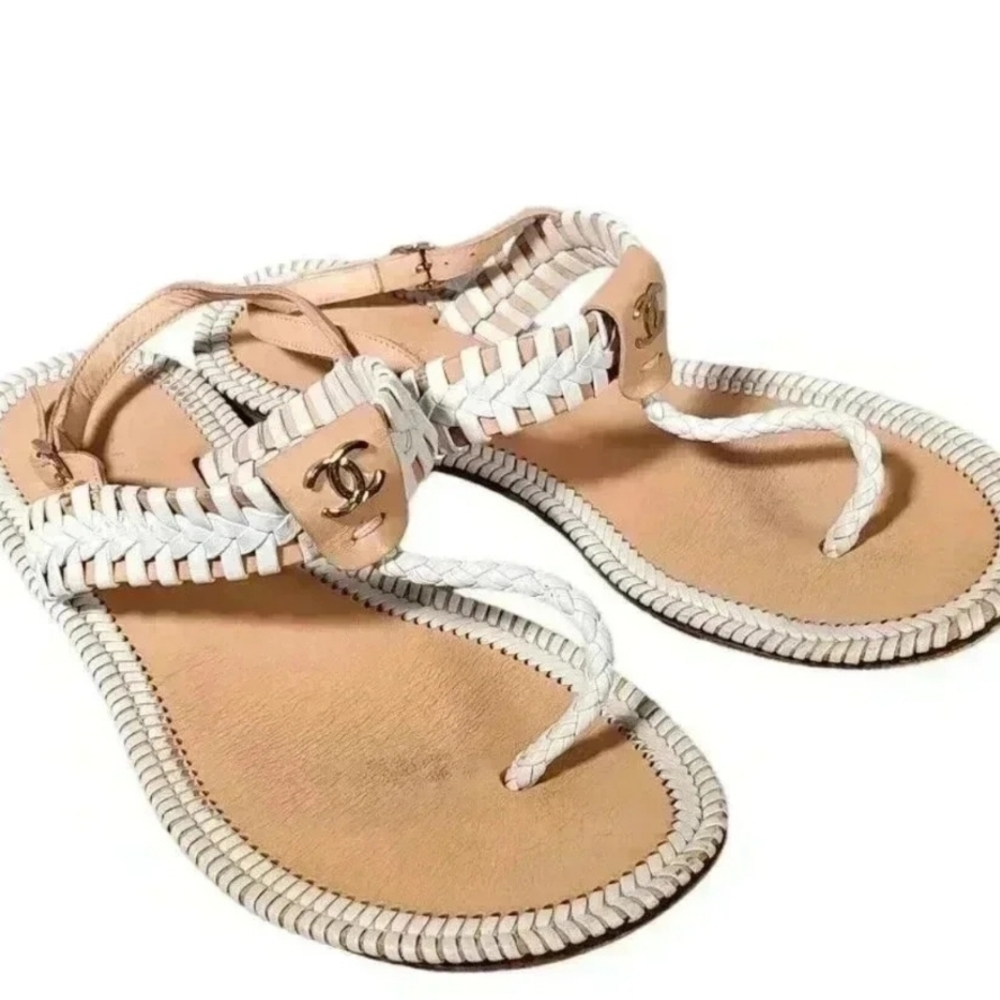CHANEL White Braided Sandals